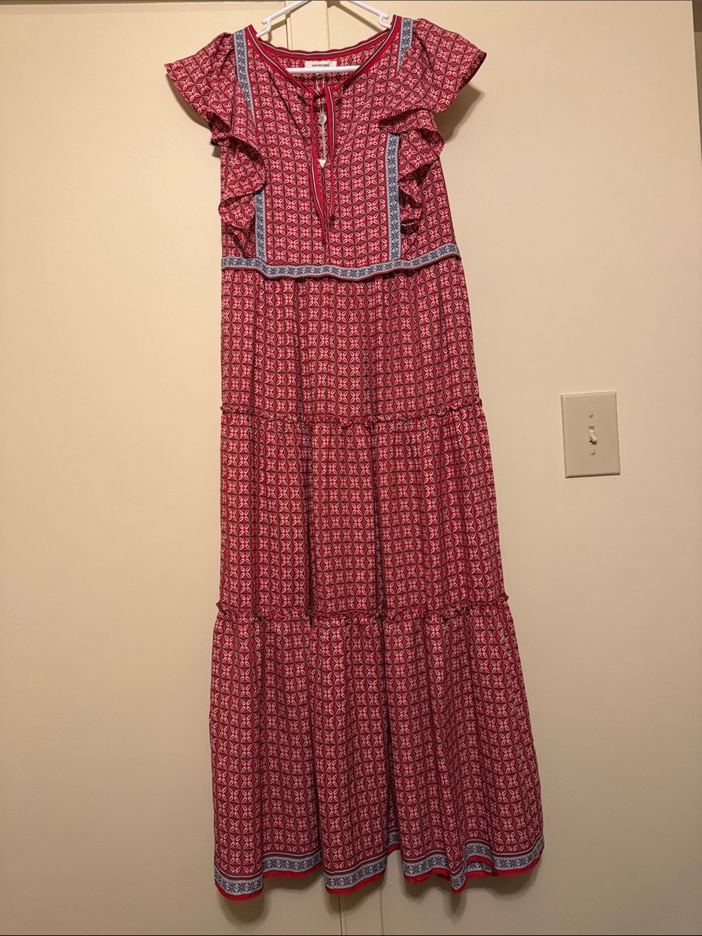 Max Studio Red Patterned Tiered Dress with Blue Trim